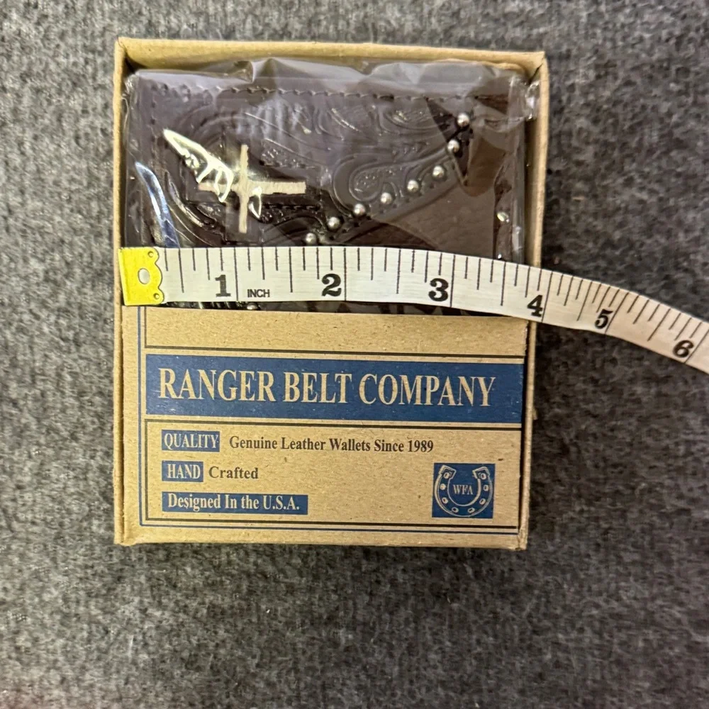 Ranger Belt Company Brown Leather Bifold Wallet + Cross Necklace‎ New with Box